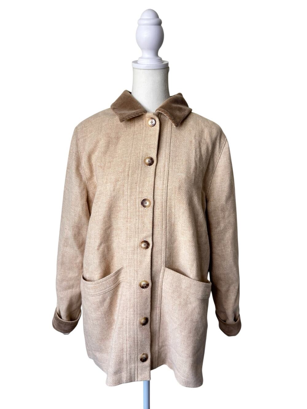 SEZANE 100% Wool Will Jacket Mottled Beige Corduroy Collar & Cuffs Size Medium